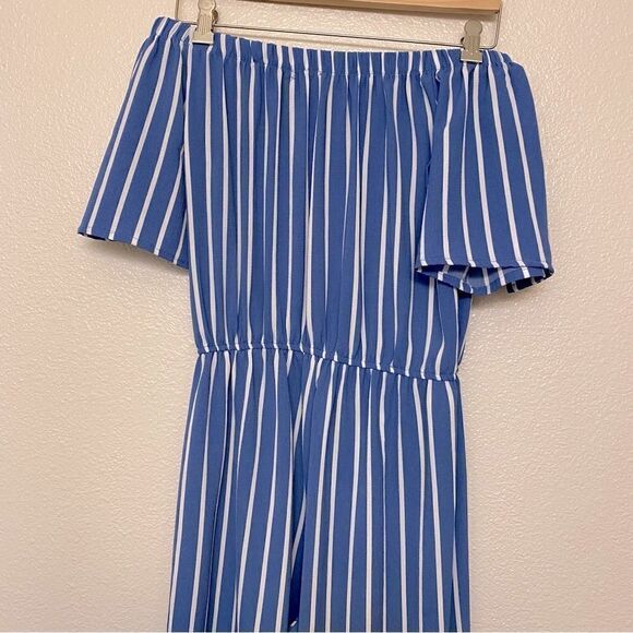 Blue minimal Stripe Culotte Jumpsuit off shoulder romper blue coastal preppy S - Picture 8 of 10